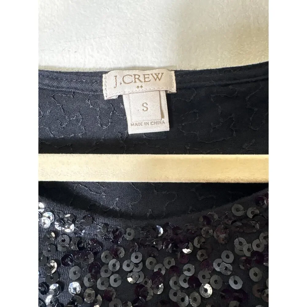 J. Crew Black Long Sleeve Sequin Wide Neck Shirt Sz S